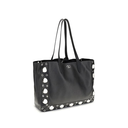 Valentino Garavani Black Calf Leather Bos Taurus Shoulder Bag with ball studs and rivets, featuring Signature VLogo and palladium-finish metal parts