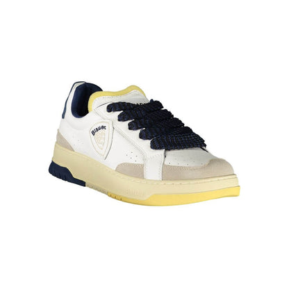 Blauer White Leather Men Sneaker with blue accents and removable insole, featuring the iconic Blauer logo on a stylish sports shoe design.