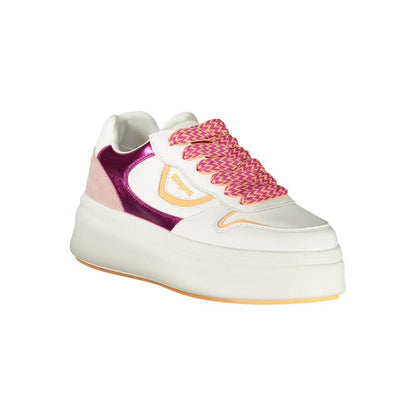 Blauer White Leather Women Sneaker with pink accents and contrasting laces, featuring a bold design and removable insole for comfort.