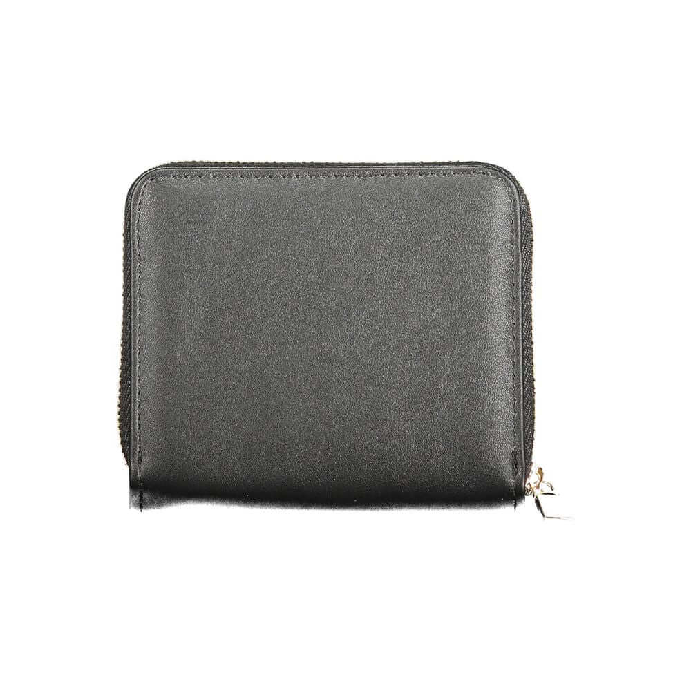 Guess Jeans Black Polyethylene Women Wallet with zip closure and Guess logo, featuring ample card spaces and coin purse, shown in sleek black.