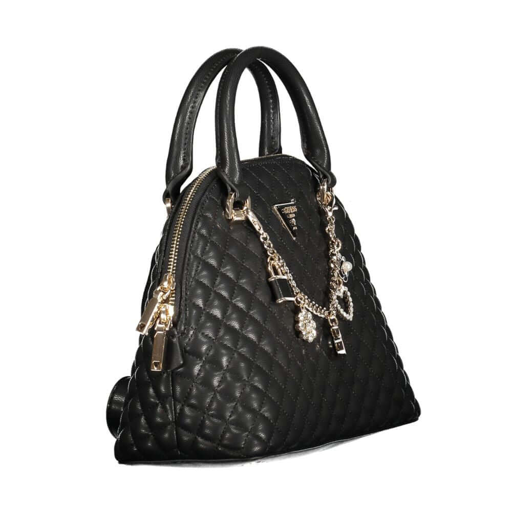 Guess Jeans Black Polyethylene Women Handbag with quilted design, gold accents, and chain embellishments, stylish and practical for any occasion.