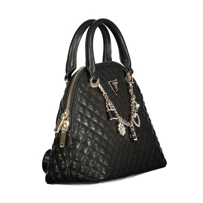 Guess Jeans Black Polyethylene Women Handbag with quilted design, gold accents, and chain embellishments, stylish and practical for any occasion.