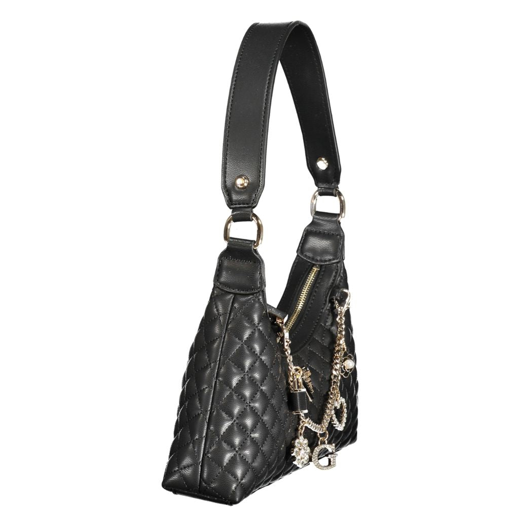 Guess Jeans Black Polyethylene Women Handbag with quilted design and chain accents, side view showcasing sleek and stylish details.