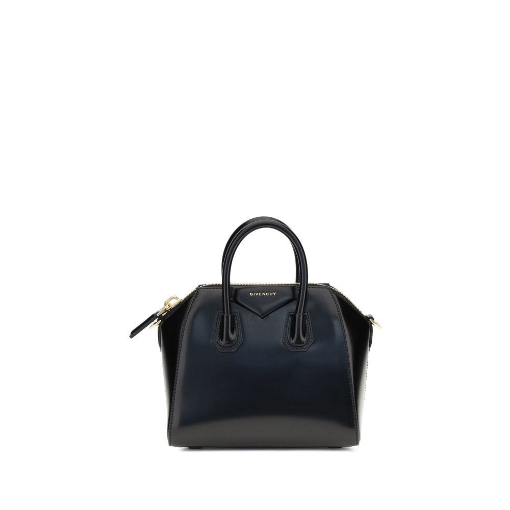 Givenchy Black Calf Leather Bos Taurus Handbag with geometric pattern, zipper closure, top handles, and shoulder strap.