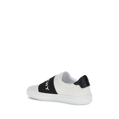 Givenchy White Calf Leather Bos Taurus Low Top Sneakers featuring embossed logo and contrasting elastic band with Givenchy Paris lettering.