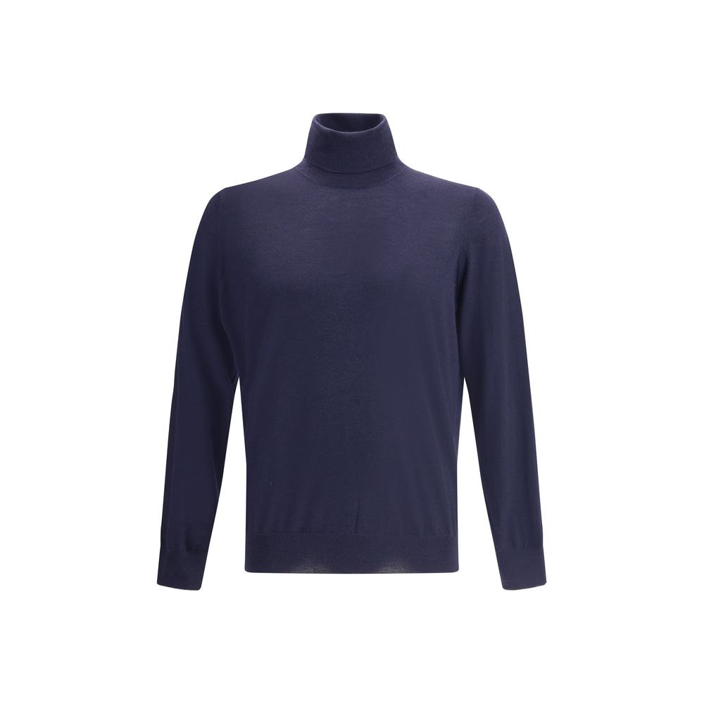 Brunello Cucinelli Blue Fleece Wool Turtleneck sweater with ribbed collar, cuffs, and hem for a refined and timeless look.
