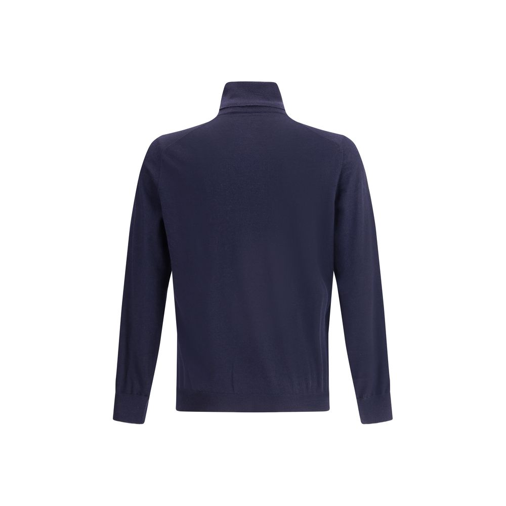 Brunello Cucinelli Blue Fleece Wool Turtleneck showcasing back view with ribbed collar and cuffs.