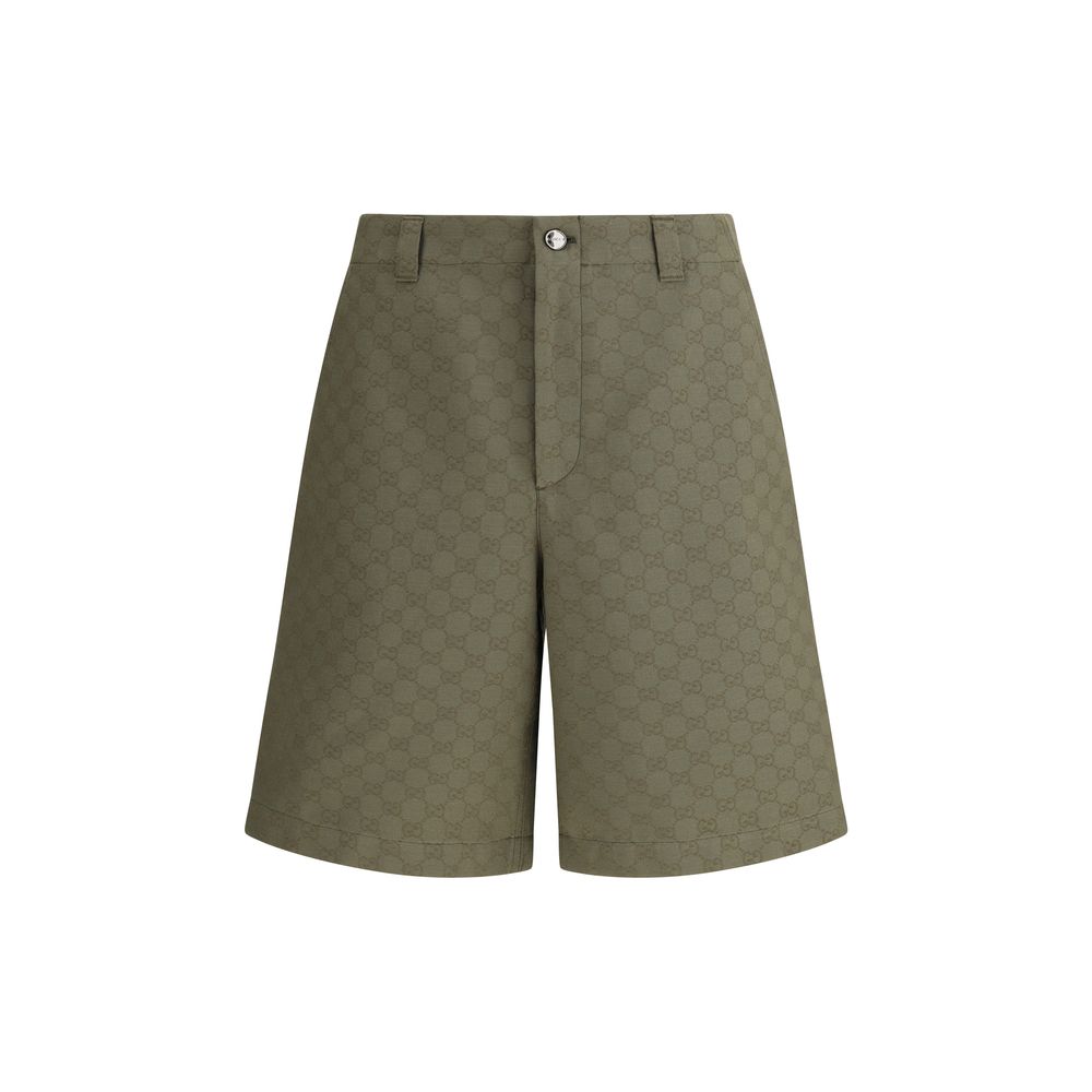 Gucci Green Cotton Bermuda Shorts with GG pattern, front zipper, button closure, and belt loops in a versatile silhouette, AW25, Made in Italy.