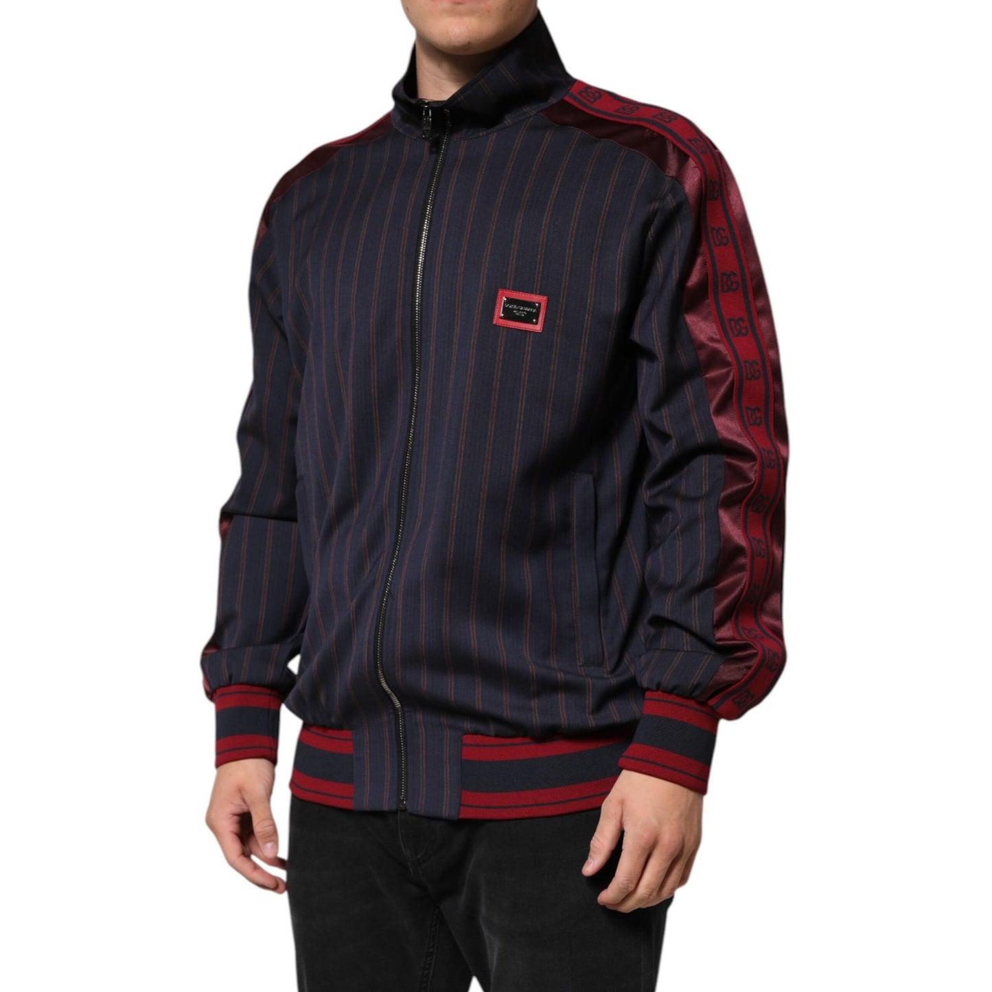 Dolce & Gabbana Blue Red Striped Logo Plaque Full Zip Jacket