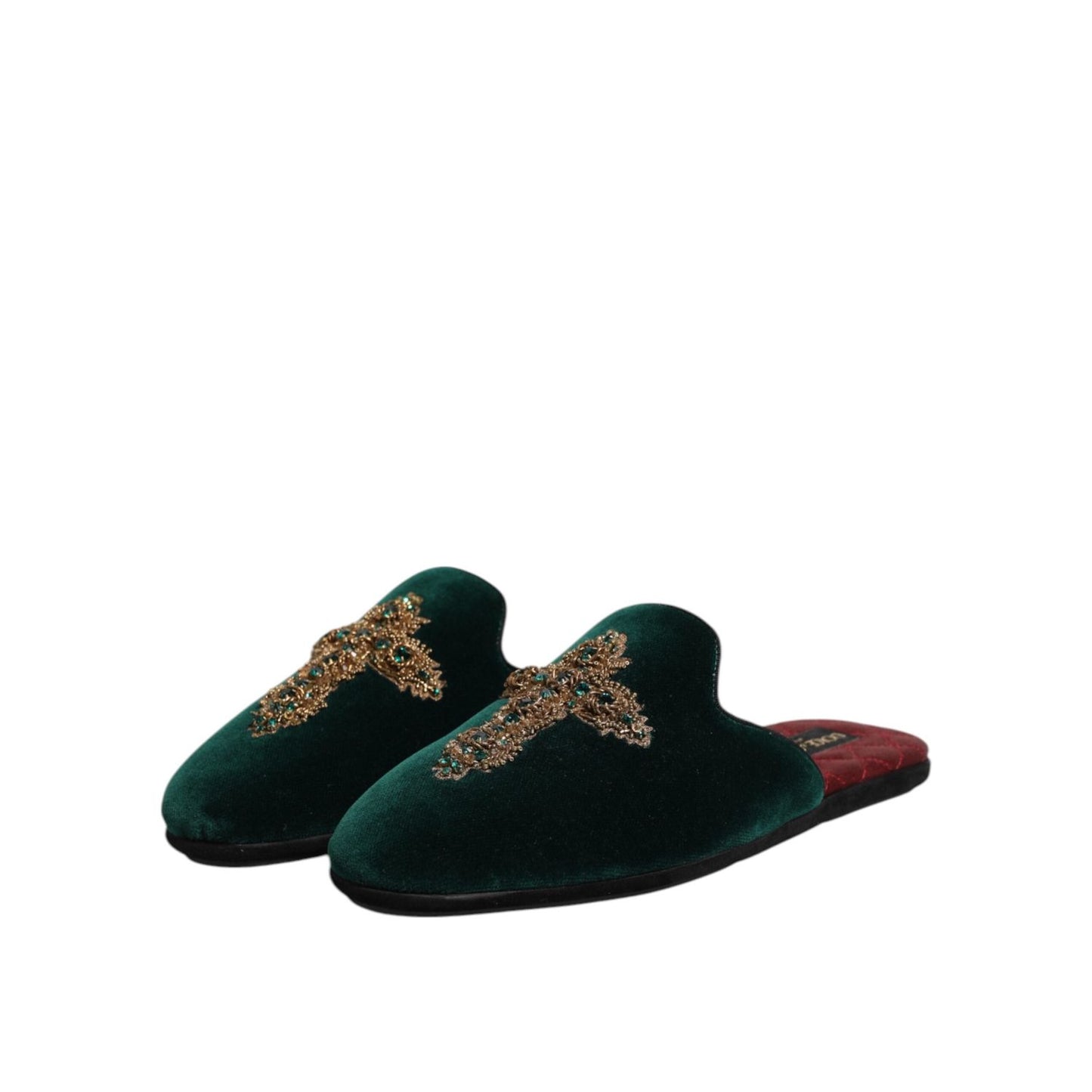 Dolce & Gabbana Green Velvet Cross Embellished Slippers Shoes