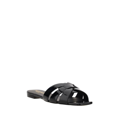 Saint Laurent Black Calf Leather Bos Taurus Flat Sandals with woven design and square toe.