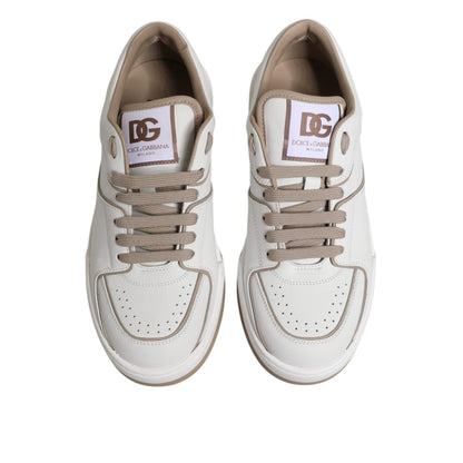 Dolce & Gabbana White Brown Leather Low Top Men Sneakers Shoes