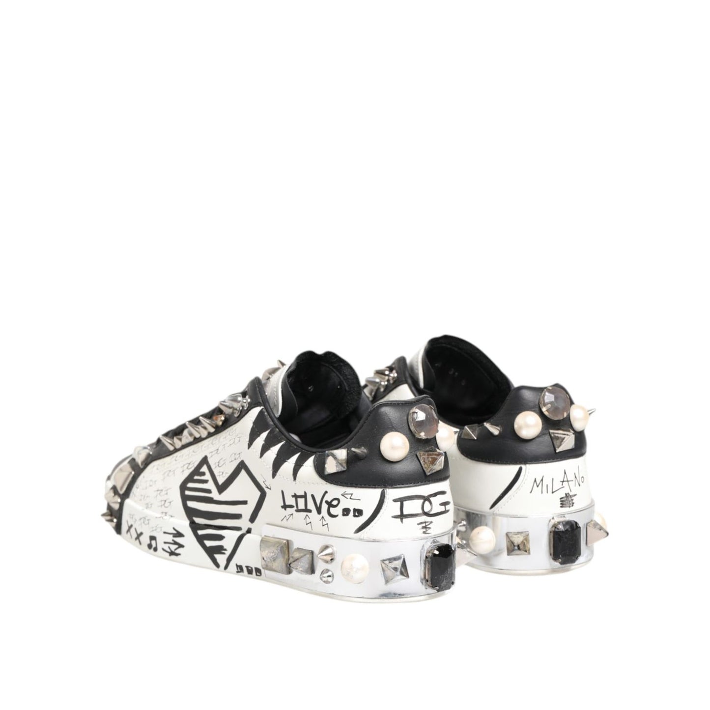 Dolce & Gabbana White Studded Printed Low Top Sneakers Shoes