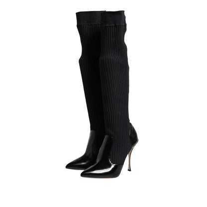 Dolce & Gabbana Black Leather Ribbed Knit Knee Boots Shoes