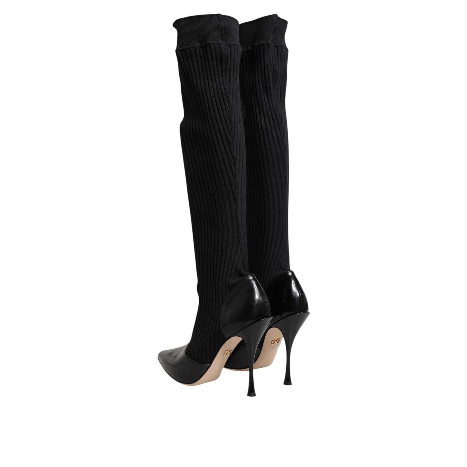 Dolce & Gabbana Black Leather Ribbed Knit Knee Boots Shoes