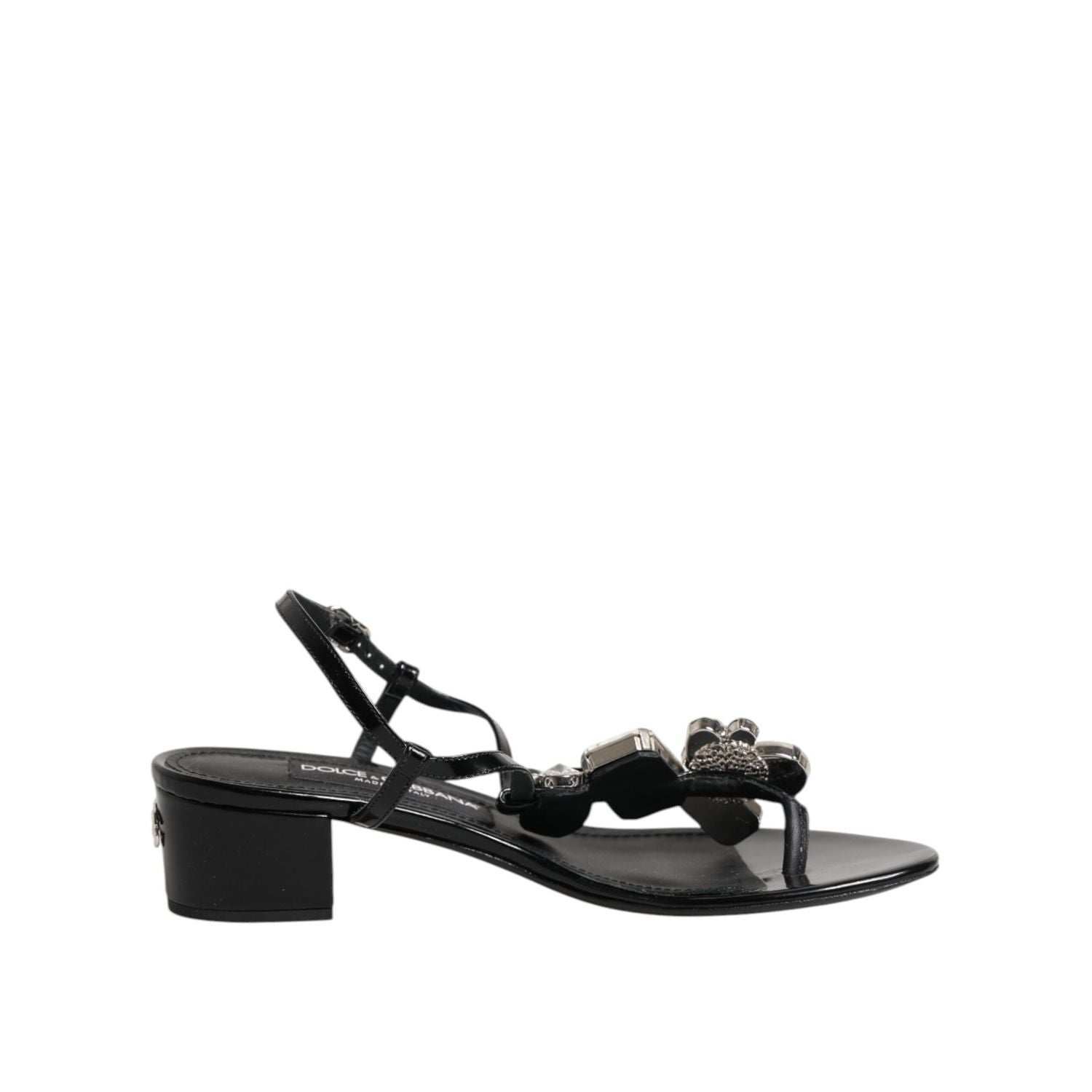 Dolce & Gabbana Black Leather Crystal Ankle Strap Sandals Shoes
