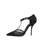 Dolce & Gabbana Black Mesh T-strap Stiletto High Heels Shoes