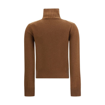 Back view of Ami Paris Brown Cashmere Cashmere Sweater featuring ribbed trim and turtleneck design.