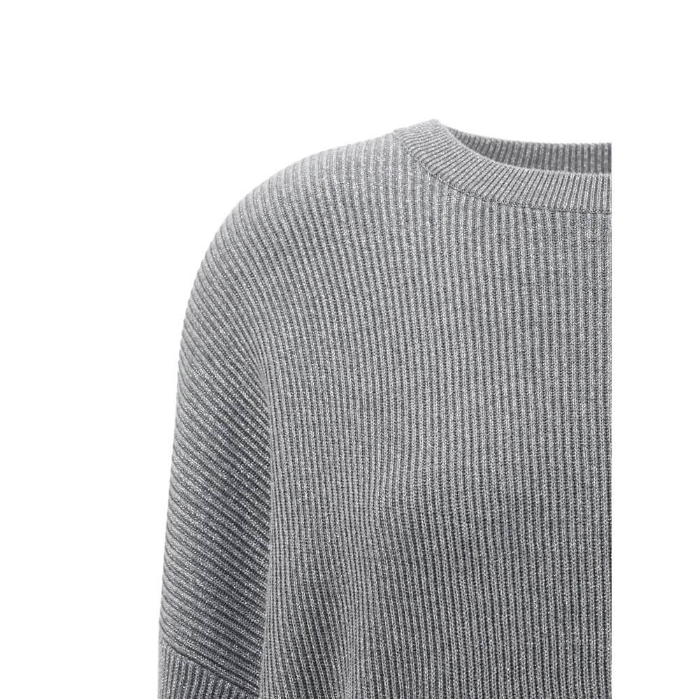 Brunello Cucinelli Gray Cotton Sweatshirt with ribbed crew neck and elegant silver thread detail, perfect for AW25 season.