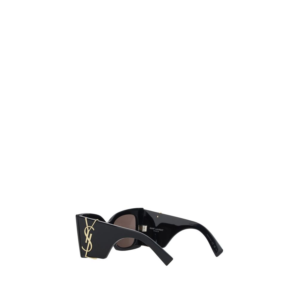 Saint Laurent Black Acetate Sunglasses with gold-plated YSL logo, showcasing oversized square design and luxury detailing, side view.