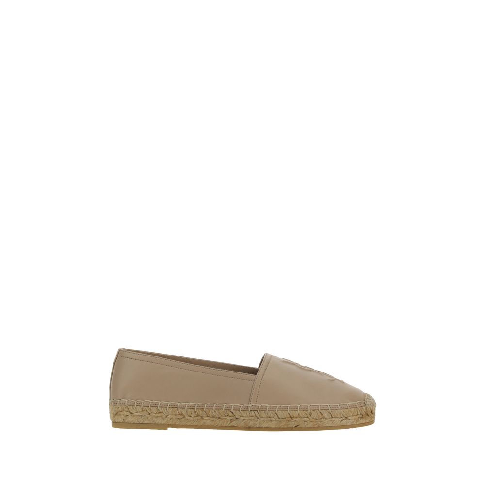 Saint Laurent Brown Lamb Ovis Aries Aries Espadrilles with flat rope sole and slip-on design, iconic monogram on front.