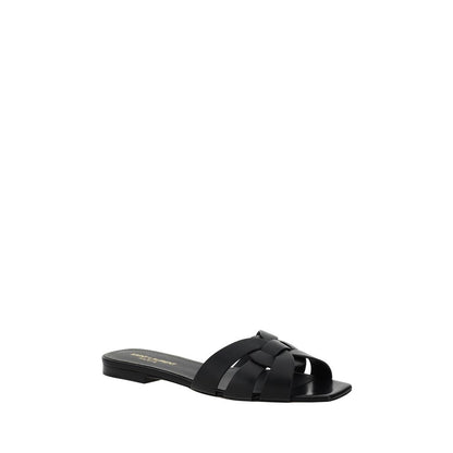 Saint Laurent Black Calf Leather Bos Taurus Flat Sandals with braided design and slight block heel. Luxury AW25 fashion footwear.