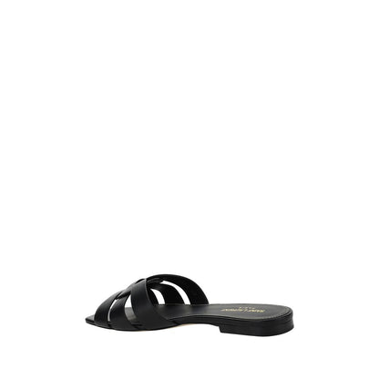 Saint Laurent Black Calf Leather Bos Taurus Flat Sandals with open square toe and braided design