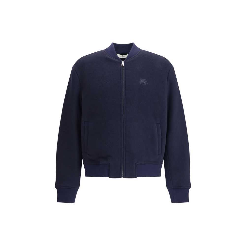 Etro Blue Wool Bomber with ribbed collar and cuffs, front zipper, and iconic embroidered Pegasus, combining tradition with contemporary style.
