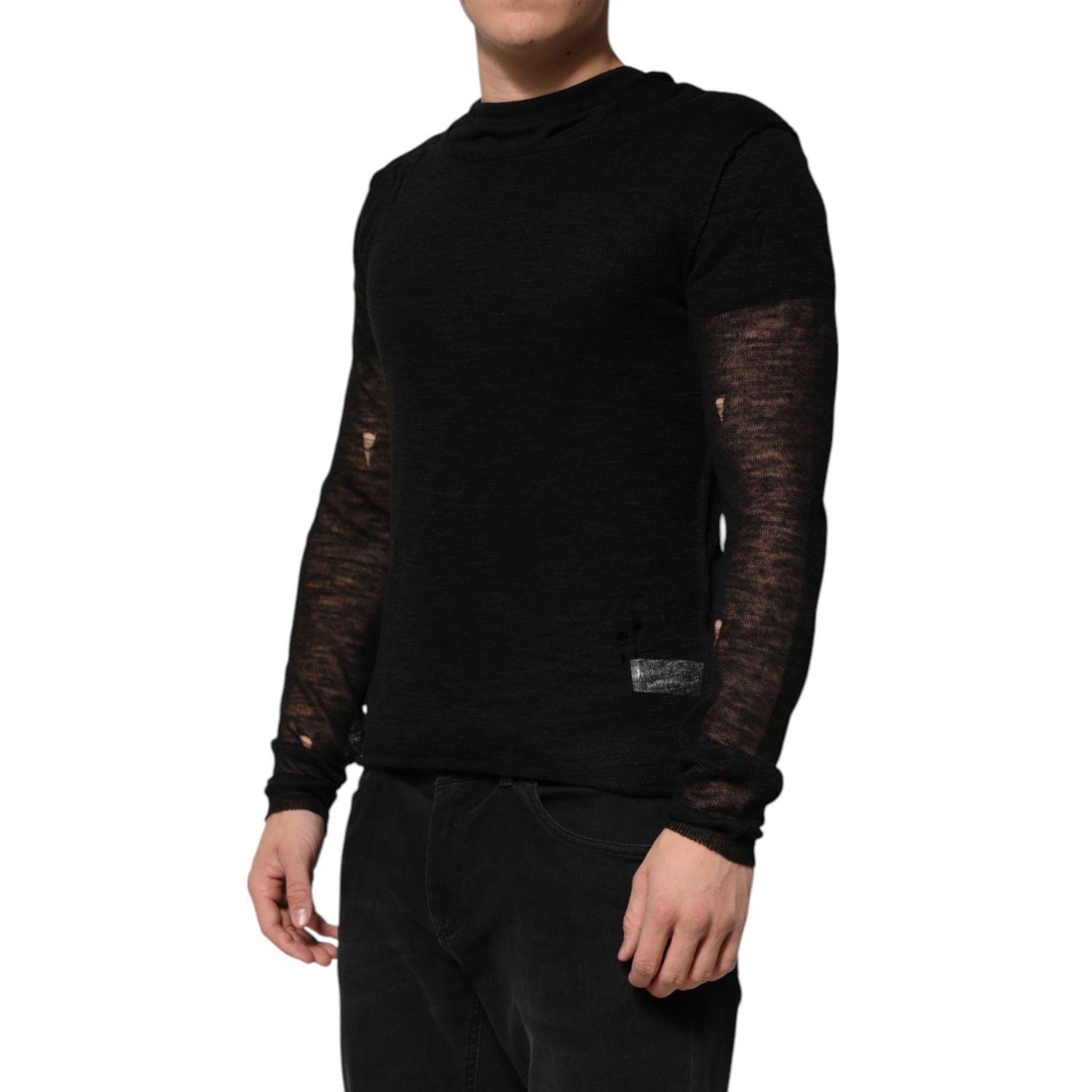 Dolce & Gabbana Black Linen Mesh Tattered Longsleeves T-shirt
