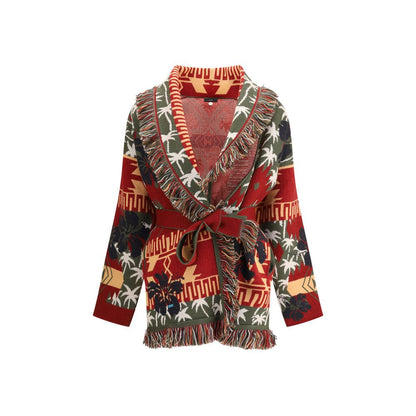 Alanui Multicolor Fleece Wool Cardigan with hibiscus and palm tree pattern, fringed edges, and sash belt.