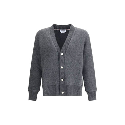 Thom Browne Gray Wool Cardigan with v-neck and button closure, ribbed cuffs and hem, made in Italy from 100% wool, ideal for elegant outfits.