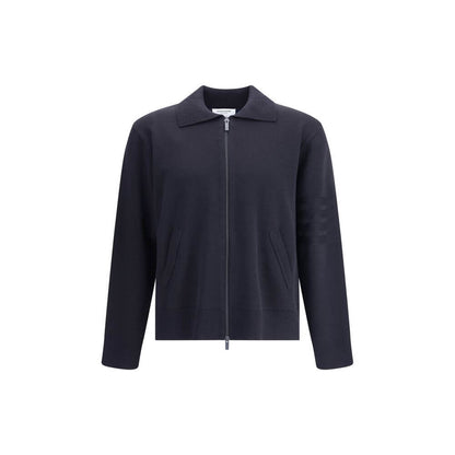 Thom Browne Blue Fleece Wool Cardigan with classic collar, front zipper, and iconic sleeve band for modern elegance.