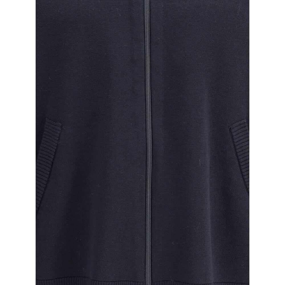 Thom Browne Blue Fleece Wool Cardigan with front zipper and side welt pockets, featuring ribbed cuffs and iconic sleeve band.