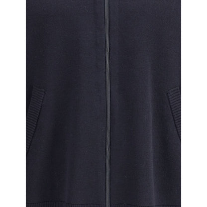 Thom Browne Blue Fleece Wool Cardigan with front zipper and side welt pockets, featuring ribbed cuffs and iconic sleeve band.