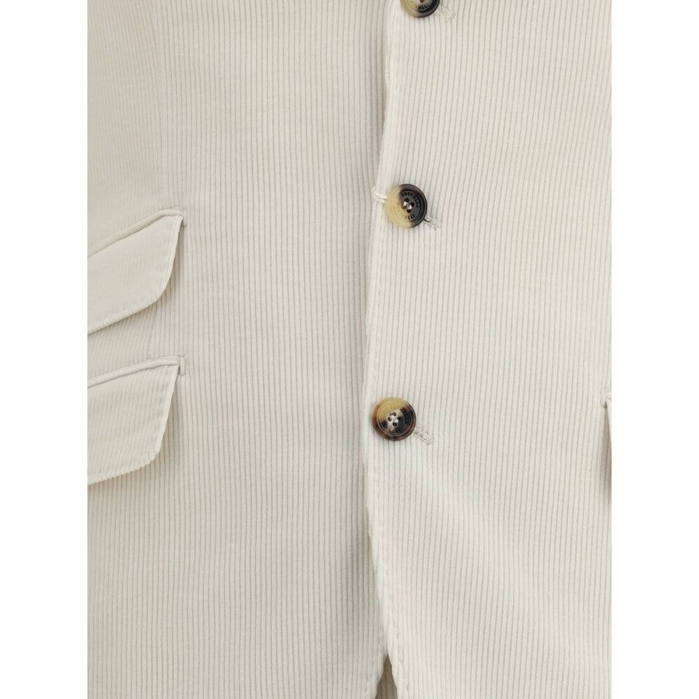 Brunello Cucinelli Cream Cotton Two-Piece Suit with corduroy blazer and button detail, elegant design for a refined look.