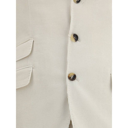 Brunello Cucinelli Cream Cotton Two-Piece Suit with corduroy blazer and button detail, elegant design for a refined look.