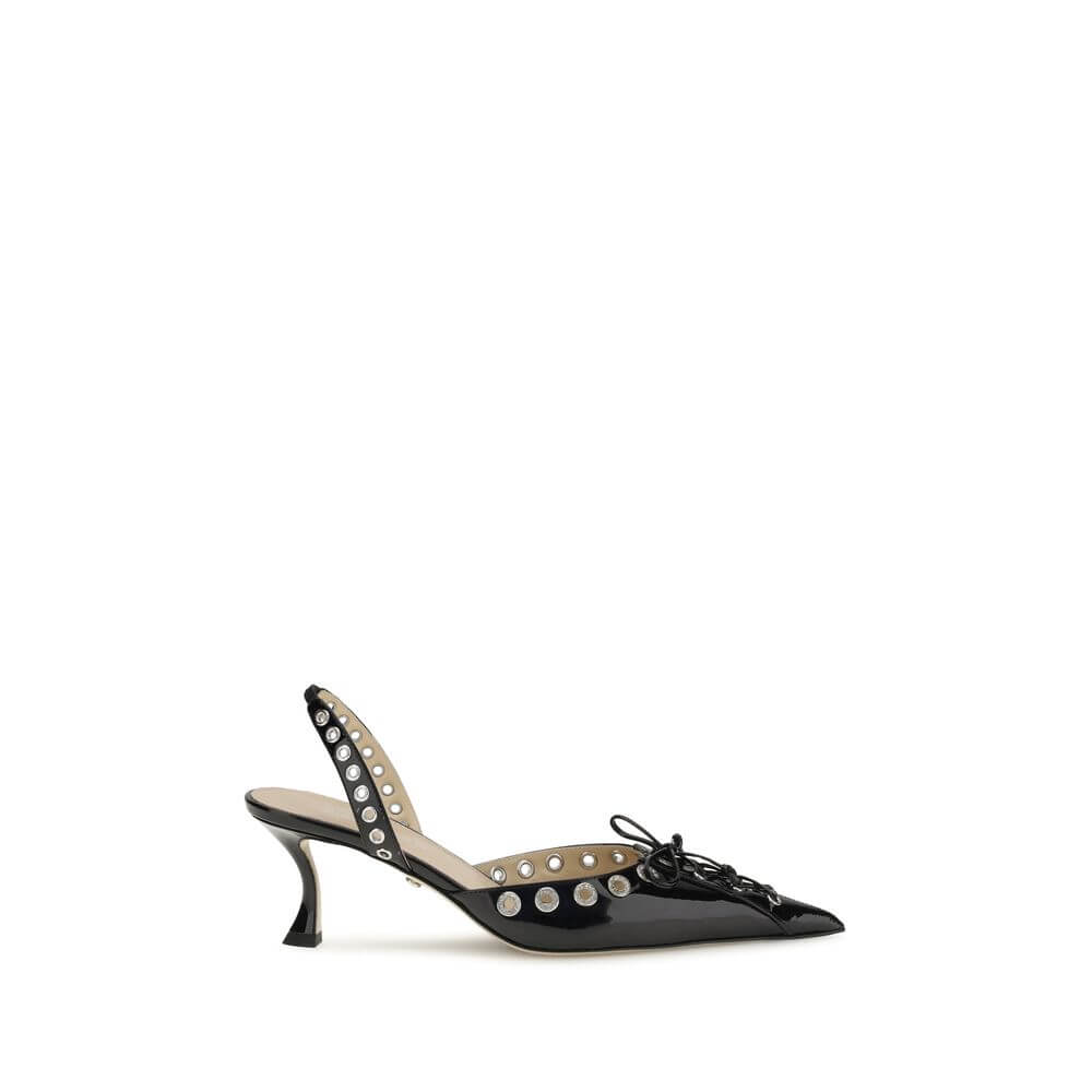 MACH & MACH Black Calf Leather Bos Taurus Lace-Up slingback pumps with studs and kitten heel, featuring feminine almond toe design.