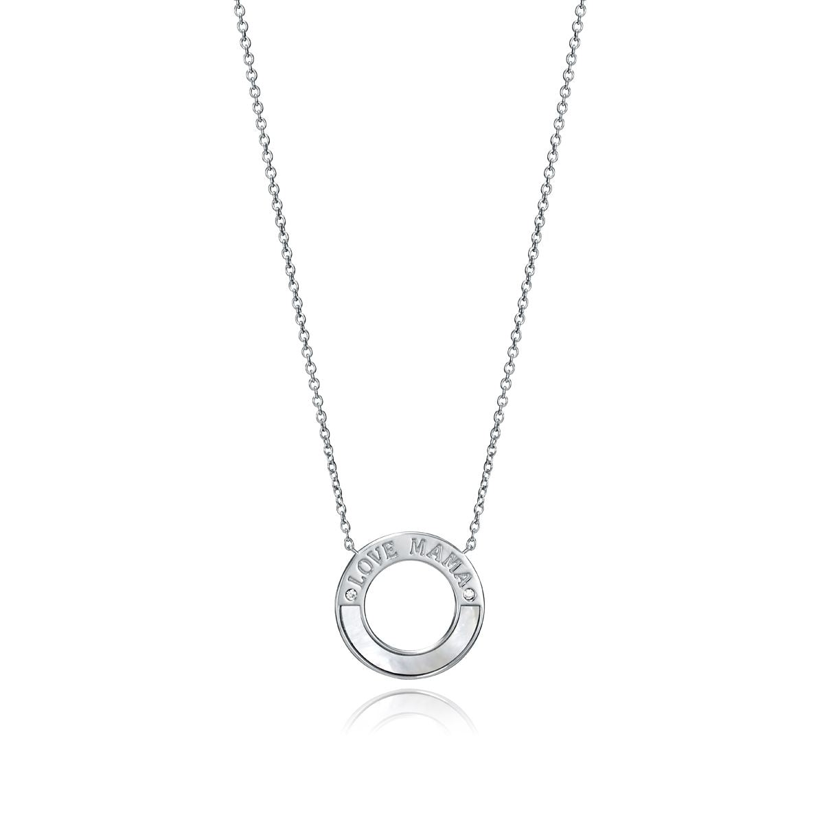 Silver 'Love Mama' necklace with circular pendant on a delicate chain, symbolizing elegance and affection. Ideal for stylish, meaningful gifting.