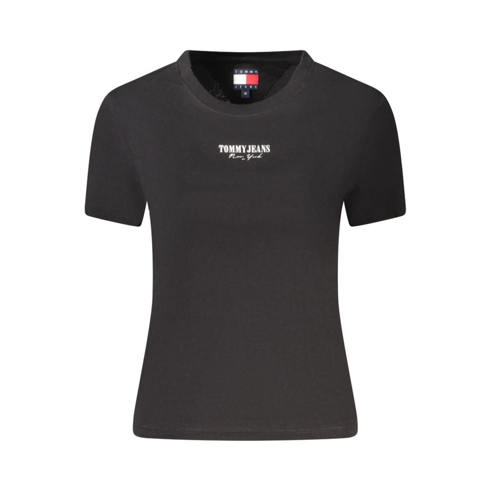 Tommy Hilfiger Black Cotton Women T-Shirt with logo print, short sleeves, crafted with sustainability in mind, trendy and stylish design.