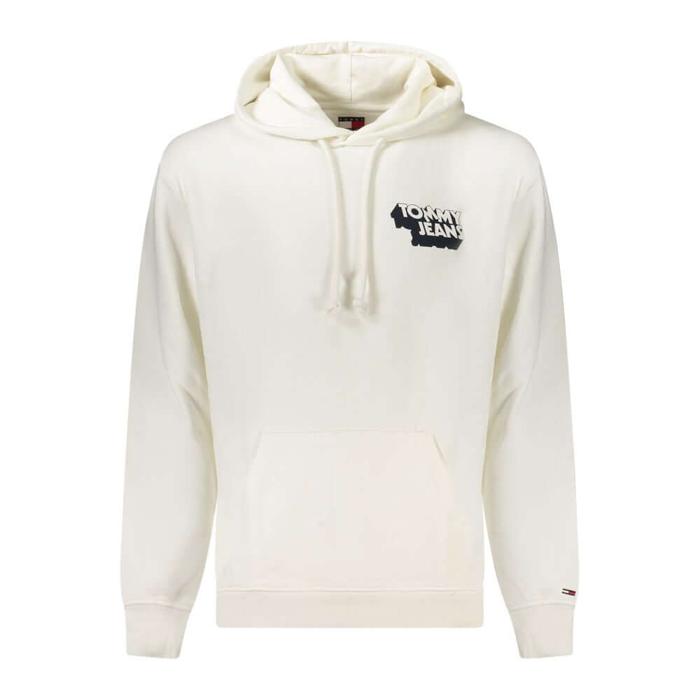Tommy Hilfiger White Cotton Men Sweater with bold logo and hood, showcasing urban chic style and sustainable material.