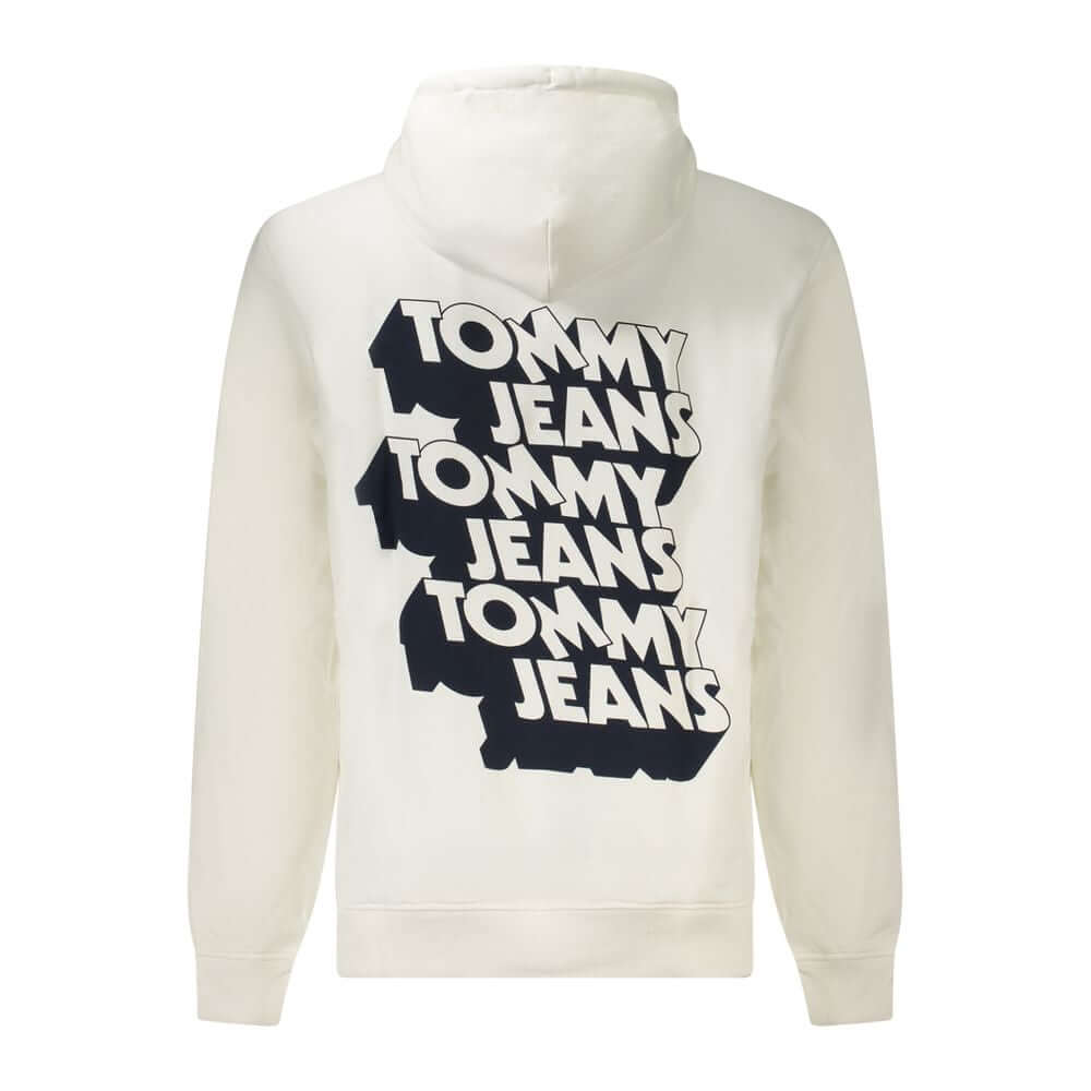 Tommy Hilfiger White Cotton Men Sweater with bold logo print on back, hooded design, highlighting urban style and sustainability.