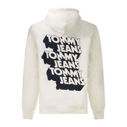 Tommy Hilfiger White Cotton Men Sweater with bold logo print on back, hooded design, highlighting urban style and sustainability.
