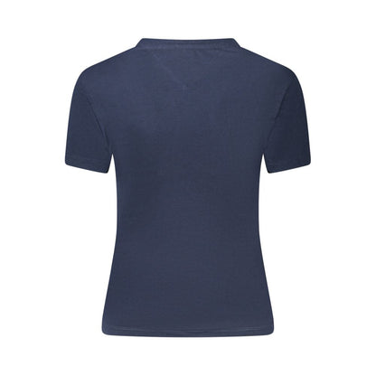 Back view of Tommy Hilfiger Blue Cotton Women T-Shirt showcasing short sleeves and crew-neck design.