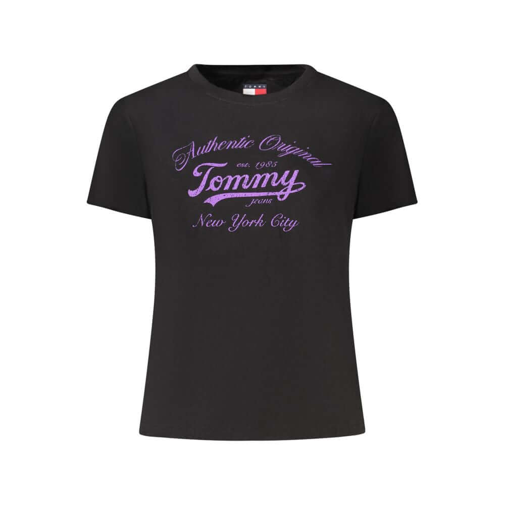 Tommy Hilfiger Black Cotton Women T-Shirt with purple logo, short sleeves, and eco-friendly 20% recycled viscose blend for casual wear.