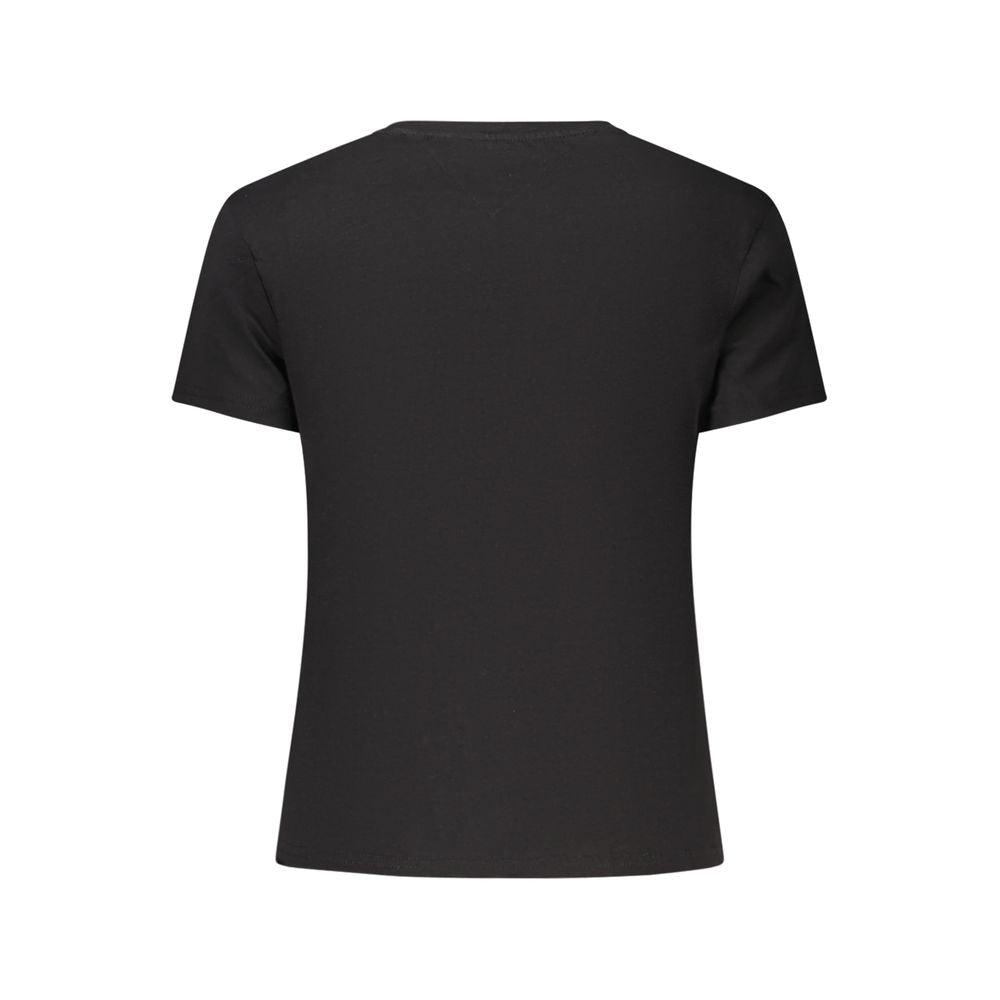 Back view of Tommy Hilfiger Black Cotton Women T-Shirt with iconic logo, short sleeves, made from 20% recycled viscose for eco-friendly fashion.
