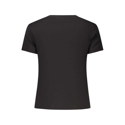 Back view of Tommy Hilfiger Black Cotton Women T-Shirt with iconic logo, short sleeves, made from 20% recycled viscose for eco-friendly fashion.