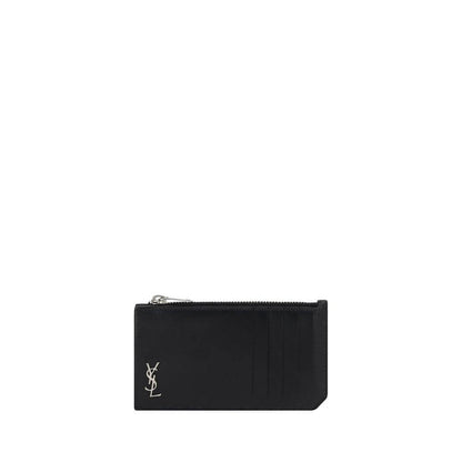 Saint Laurent Black Calf Leather Bos Taurus Wallet with YSL logo, card slot, and top zipper closure, made in Italy.