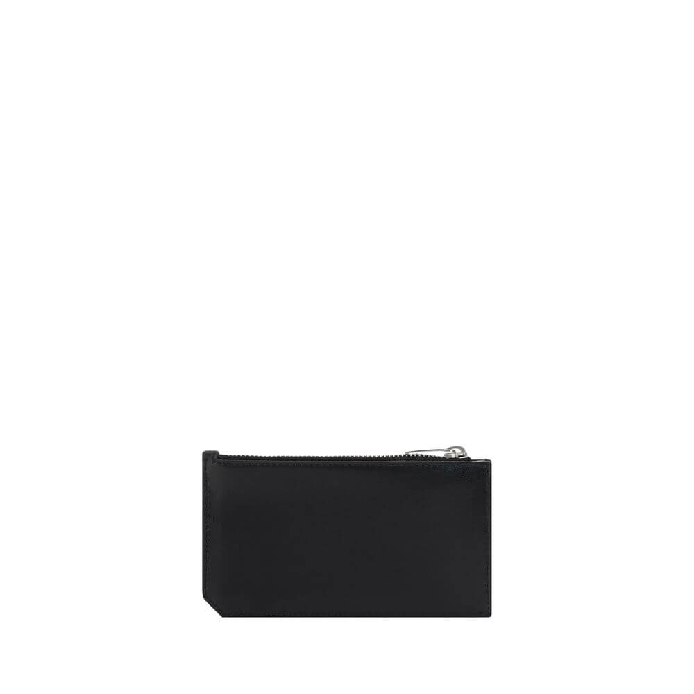 Saint Laurent Black Calf Leather Bos Taurus Wallet with YSL logo, card slots, and zipper closure, made in Italy, AW25 collection.