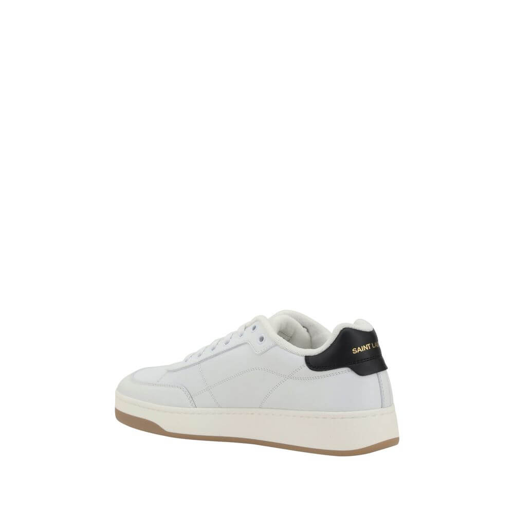Saint Laurent White Calf Leather Bos Taurus Low Top Sneakers with monogram on side and heel, showcasing a branded insole and flat sole.