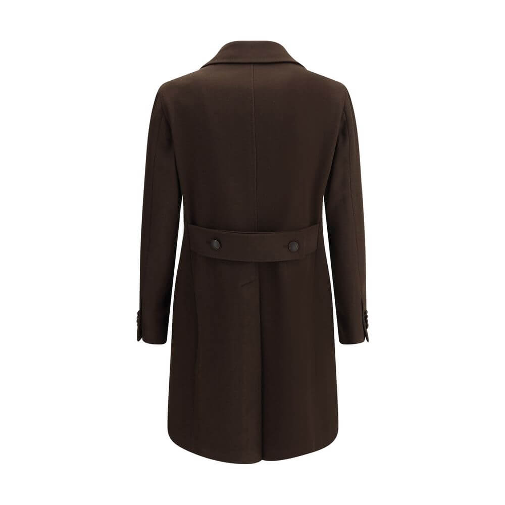 Back view of Tagliatore Brown Wool Coat with double-breasted design, wide lapel, and back martingale detail for elegant style.